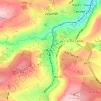 Topografisk kort Haworth, højde, terræn