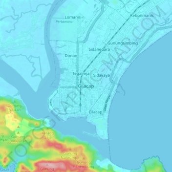Topografisk kort Cilacap, højde, terræn