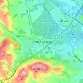 Topografisk kort Liverton Coldeast, højde, terræn