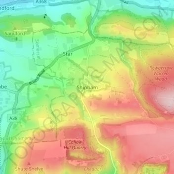 Topografisk kort Shipham, højde, terræn
