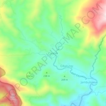 Topografisk kort Cisalak, højde, terræn