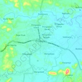 Topografisk kort Pringsewu, højde, terræn