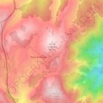Topografisk kort Piani di Praglia, højde, terræn