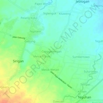 Topografisk kort Cenggerengan, højde, terræn