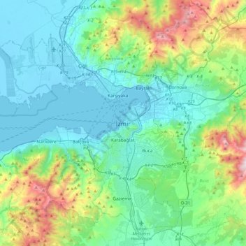 Topografisk kort Izmir, højde, terræn