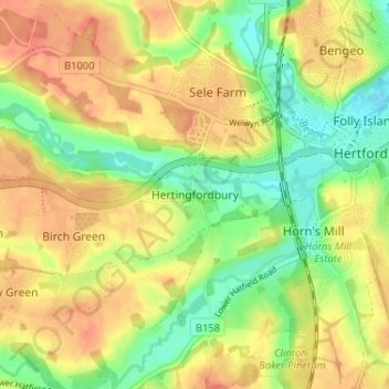 Topografisk kort Hertingfordbury, højde, terræn