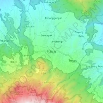 Topografisk kort Trawas, højde, terræn