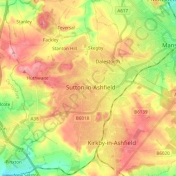 Topografisk kort Sutton-in-Ashfield, højde, terræn