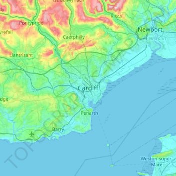 Topografisk kort Cardiff, højde, terræn