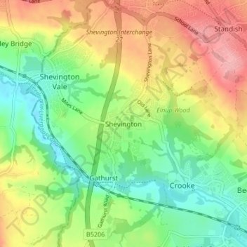 Topografisk kort Shevington, højde, terræn