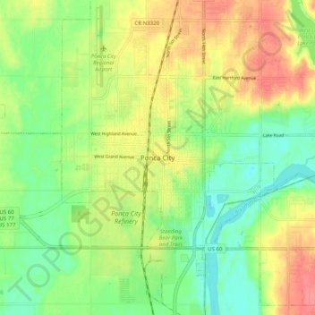 Topografisk kort Ponca City, højde, terræn