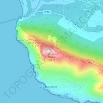 Topografisk kort Monte Circeo, højde, terræn