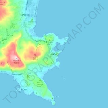 Topografisk kort Lindos, højde, terræn
