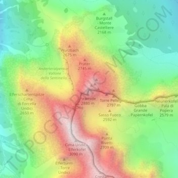 Topografisk kort Croda Rossa di Sesto, højde, terræn