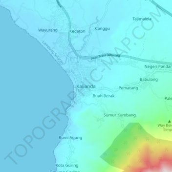 Topografisk kort Kalianda, højde, terræn