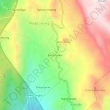 Topografisk kort Buntu Tangla, højde, terræn