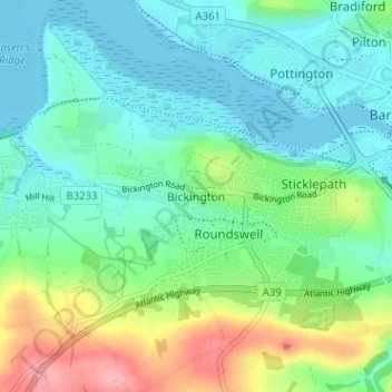 Topografisk kort Bickington, højde, terræn