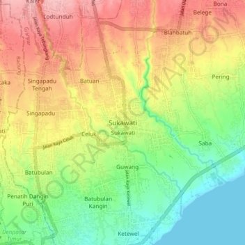 Topografisk kort Sukawati, højde, terræn
