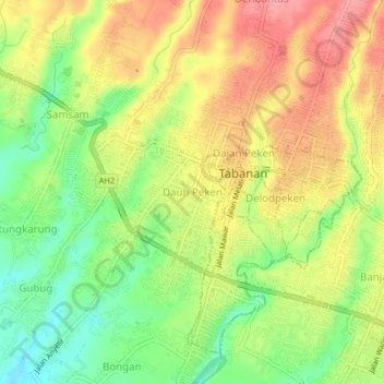 Topografisk kort Dauh Peken, højde, terræn
