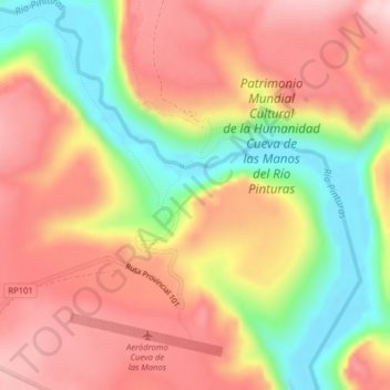 Topografisk kort Cueva de los Manos Pintadas, højde, terræn