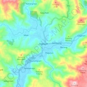 Topografisk kort Arjosari, højde, terræn