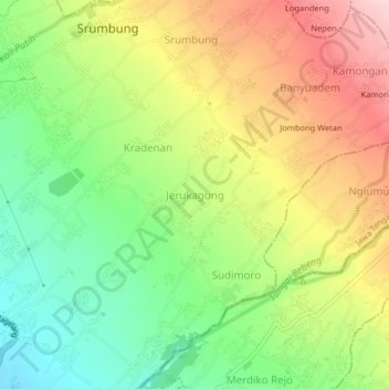 Topografisk kort Jerukagung, højde, terræn