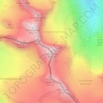 Topografisk kort Silvrettahorn, højde, terræn