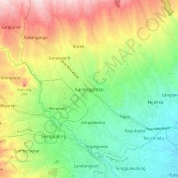 Topografisk kort Karangploso, højde, terræn