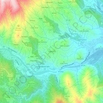 Topografisk kort Pianceri, højde, terræn