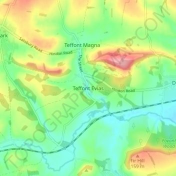 Topografisk kort Teffont Evias, højde, terræn