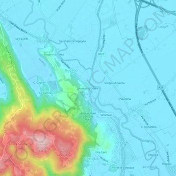 Topografisk kort Bugano di Sopra, højde, terræn
