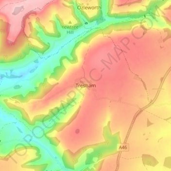 Topografisk kort Tresham, højde, terræn