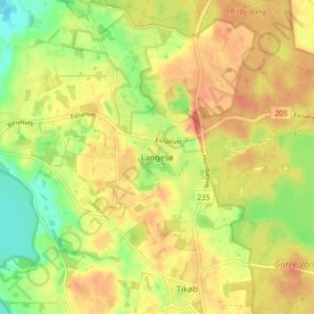 Topografisk kort Langesø, højde, terræn