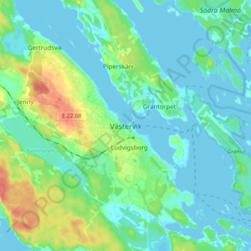 Topografisk kort Västervik, højde, terræn