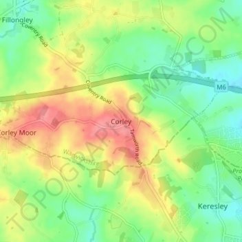 Topografisk kort Corley, højde, terræn