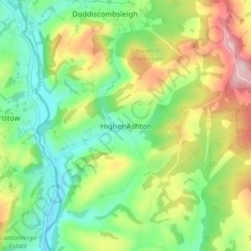 Topografisk kort Higher Ashton, højde, terræn