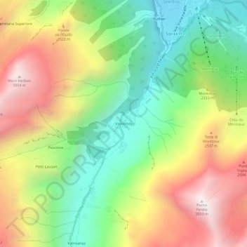 Topografisk kort Valnontey, højde, terræn