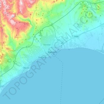 Topografisk kort Mersin, højde, terræn