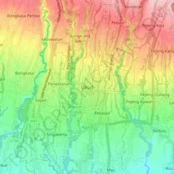 Topografisk kort Ubud, højde, terræn