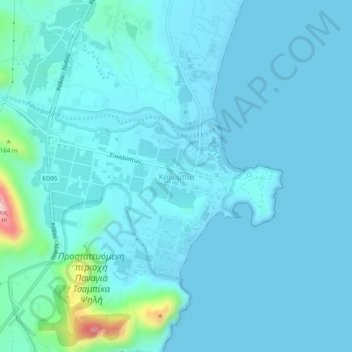 Topografisk kort Kolymbia, højde, terræn