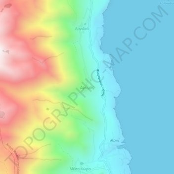 Topografisk kort Δρυμός, højde, terræn