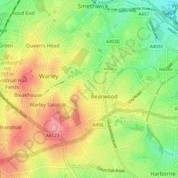 Topografisk kort Warley Wigorn, højde, terræn