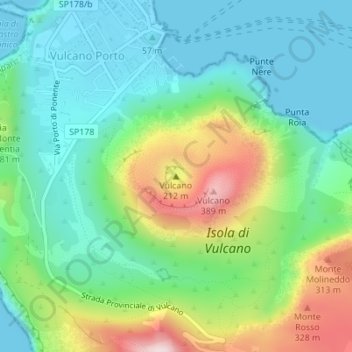 Topografisk kort Vulcano, højde, terræn