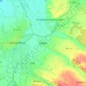 Topografisk kort Gaden, højde, terræn