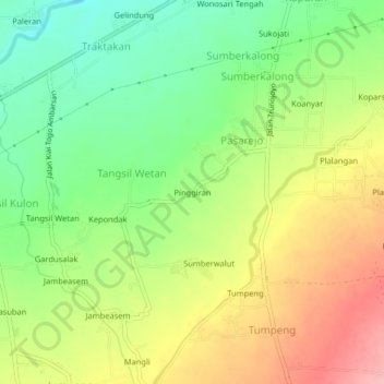 Topografisk kort Pinggiran, højde, terræn