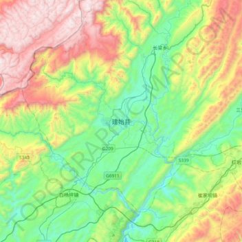 Topografisk kort Jianshi, højde, terræn
