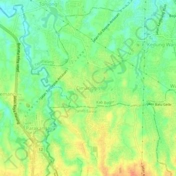 Topografisk kort Cimanggis, højde, terræn