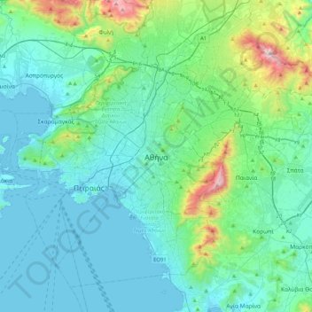 Topografisk kort Athen, højde, terræn