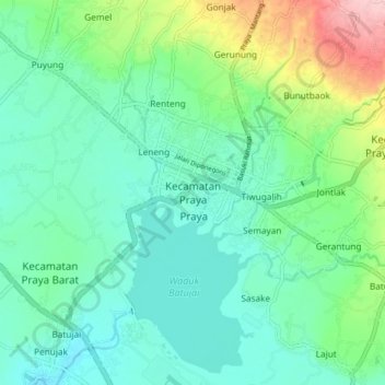 Topografisk kort Kecamatan Praya, højde, terræn