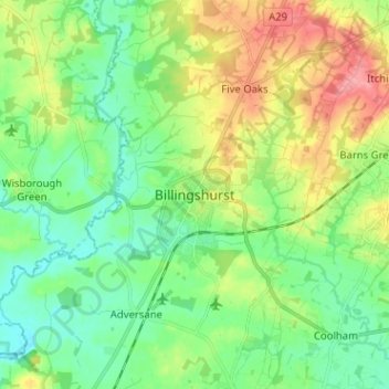 Topografisk kort Billingshurst, højde, terræn